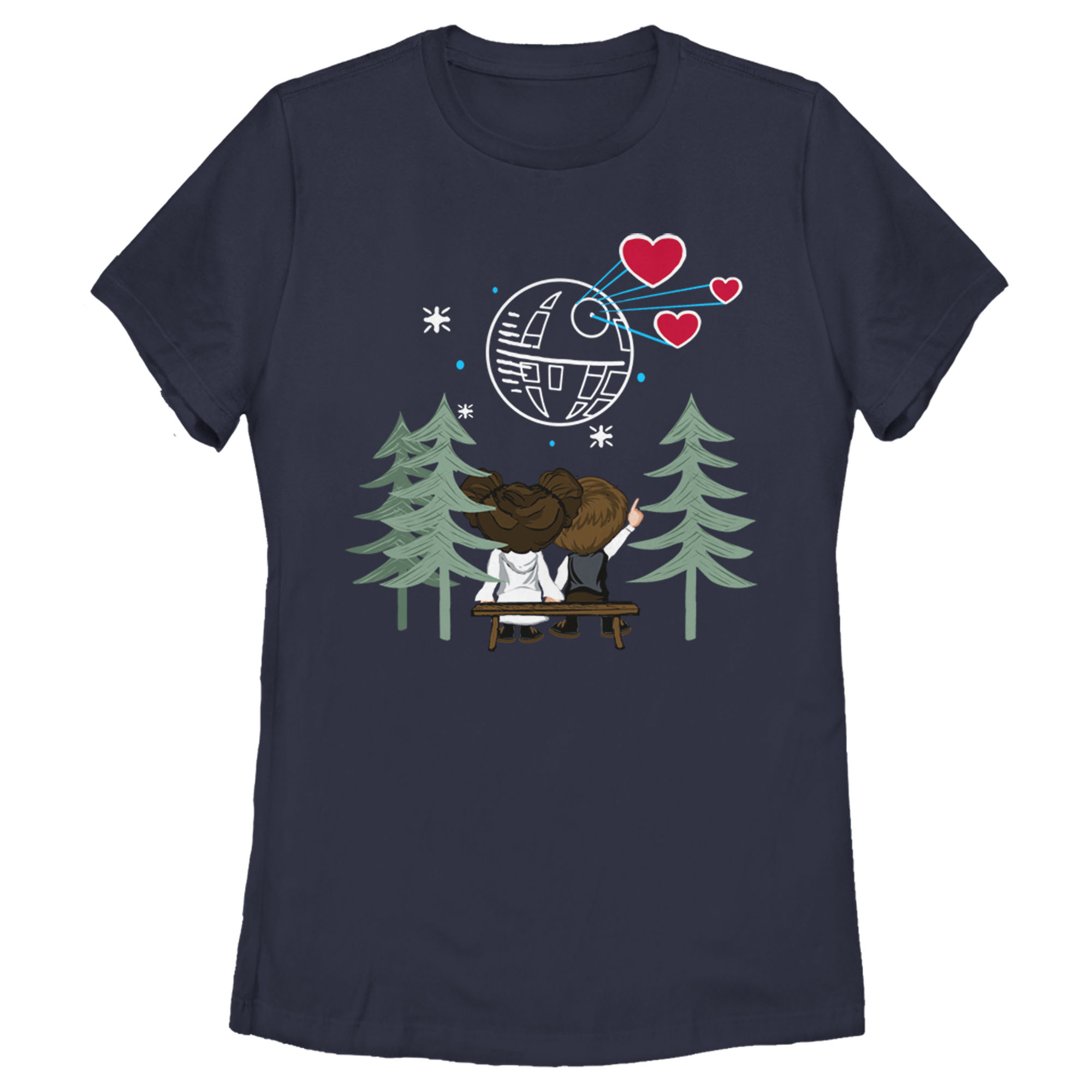 Women's Star Wars Valentine's Day Han and Leia Holding Hands Graphic Tee Navy Blue Large